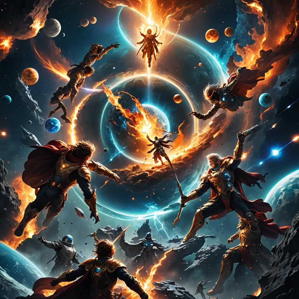 Elemental Battle in Space: Holographic Cosmic Illustration