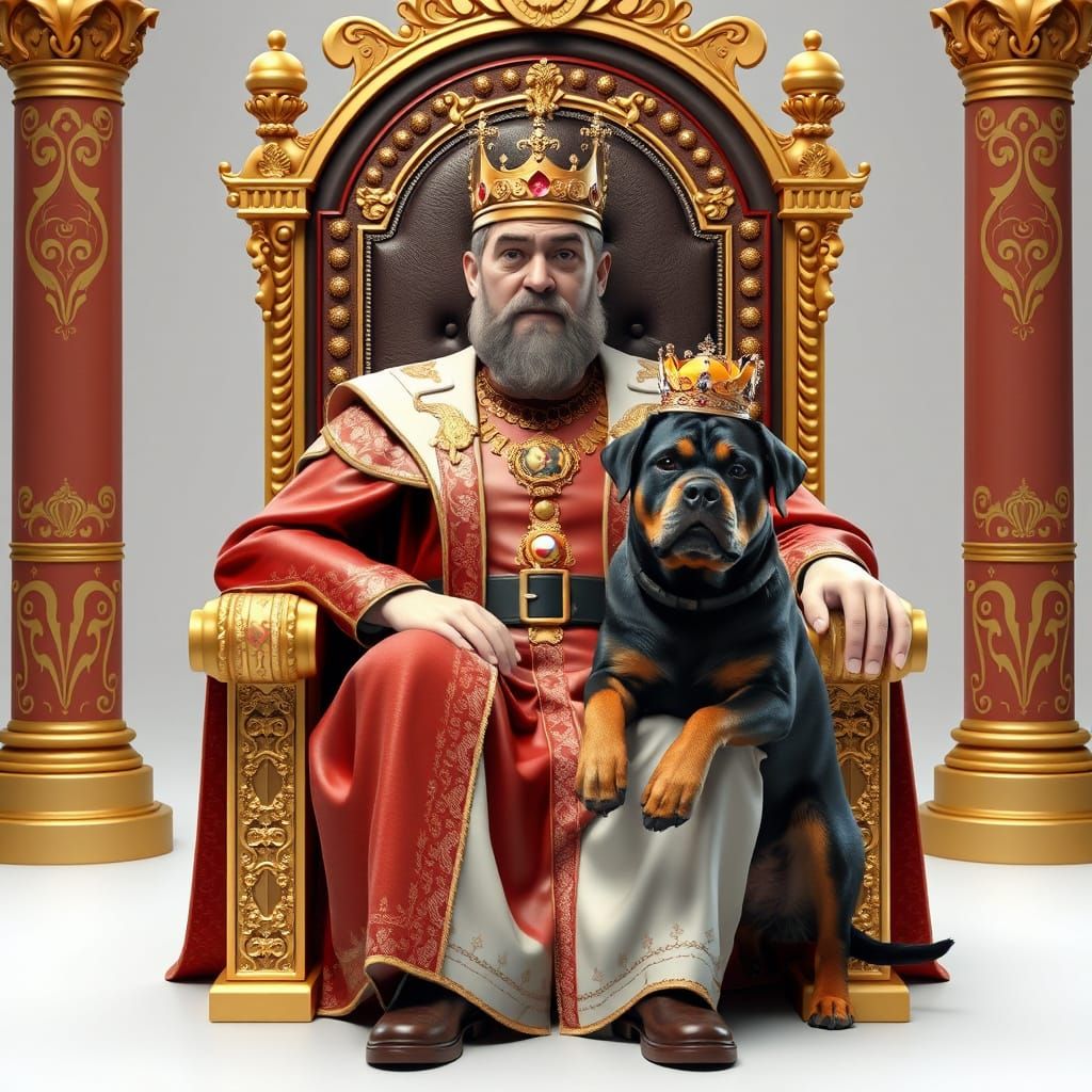 King and Rottweiler Dog on Thrones: 3D Rendered