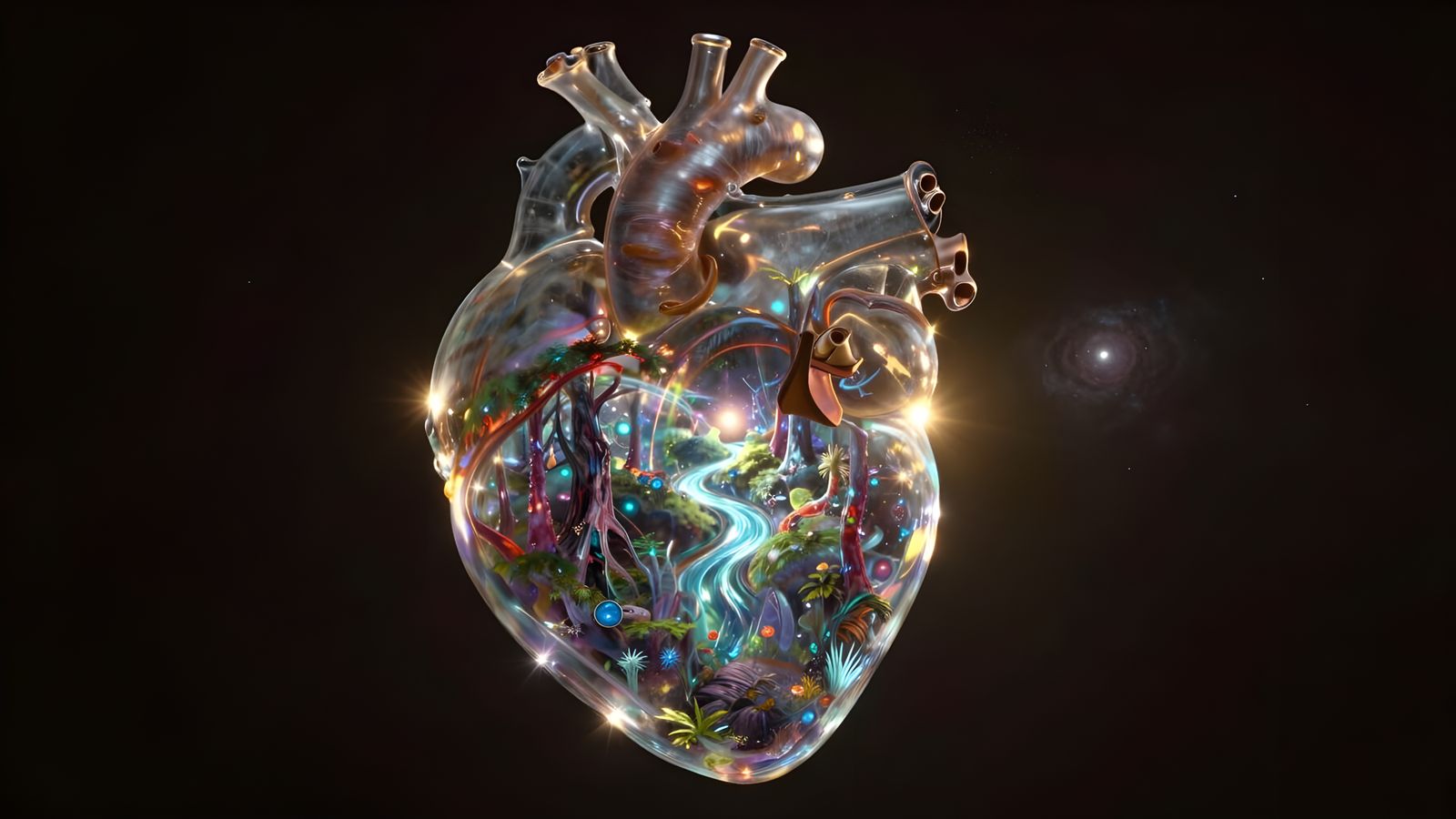 Glass Heart Nebula with Bioluminescent Forest in Deep Space