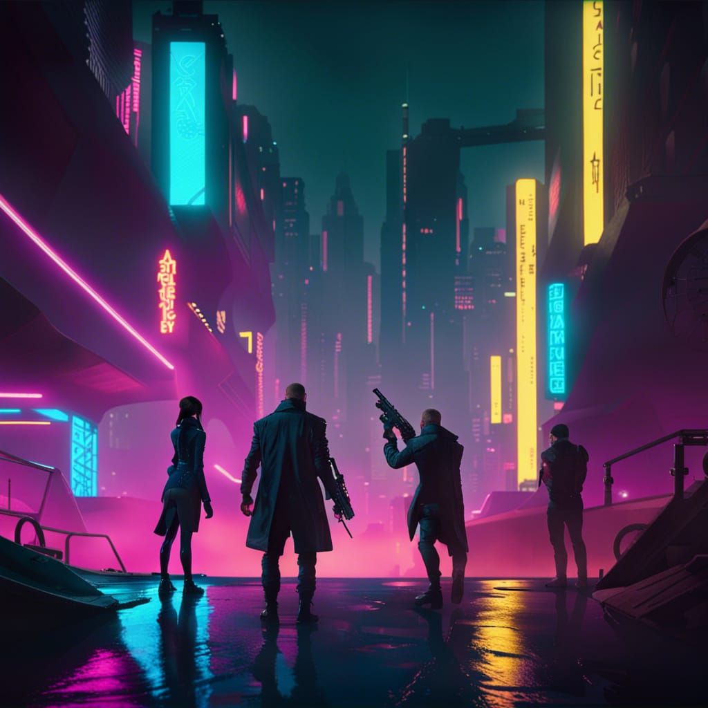 Cyberpunk Gunfight on City Sky Bridge