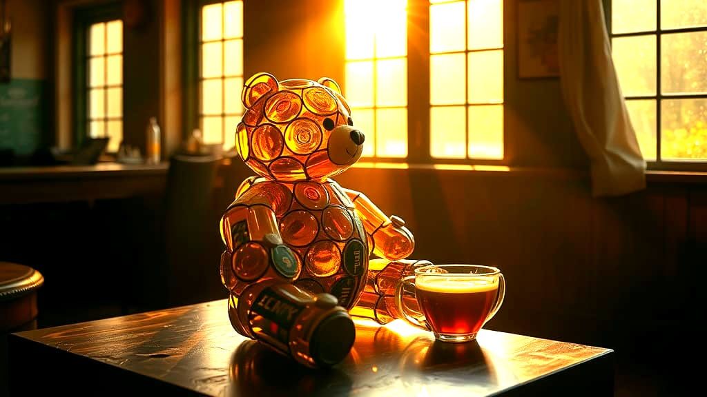 Beer Bottle Bear in Moody Pub: Cinematic Still