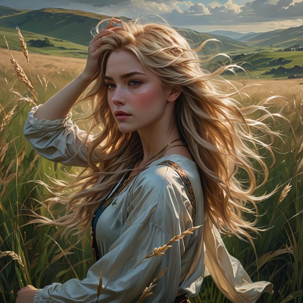 Blonde Beauty in Windy Landscape: Digital Matte Painting