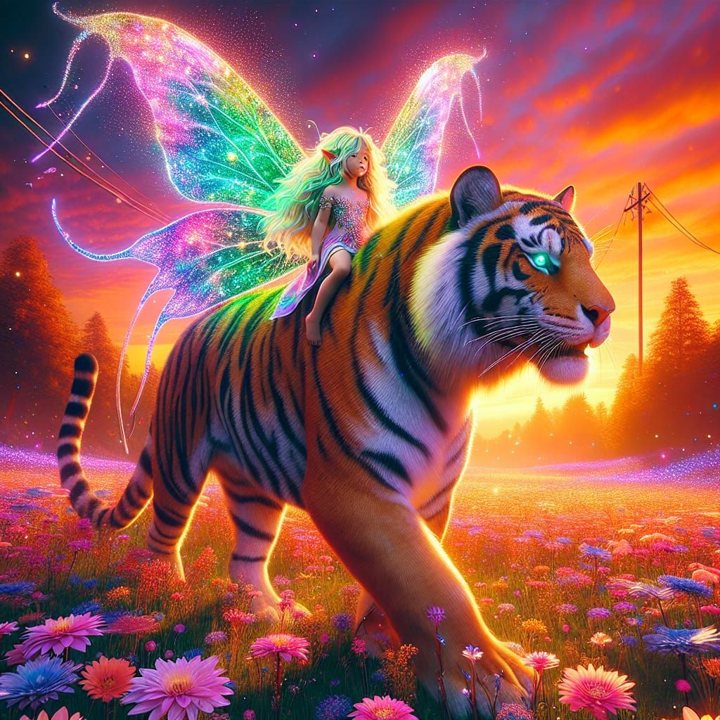 Tiger with Fairy in Sunrise Field, Fantasy Digital Art