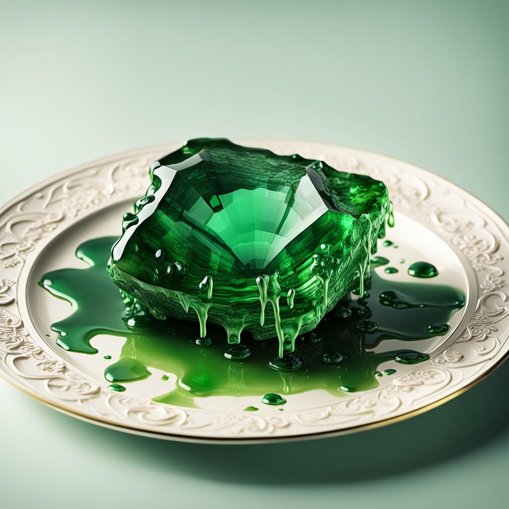 Melting Emerald Gem in Hyperrealistic Photography