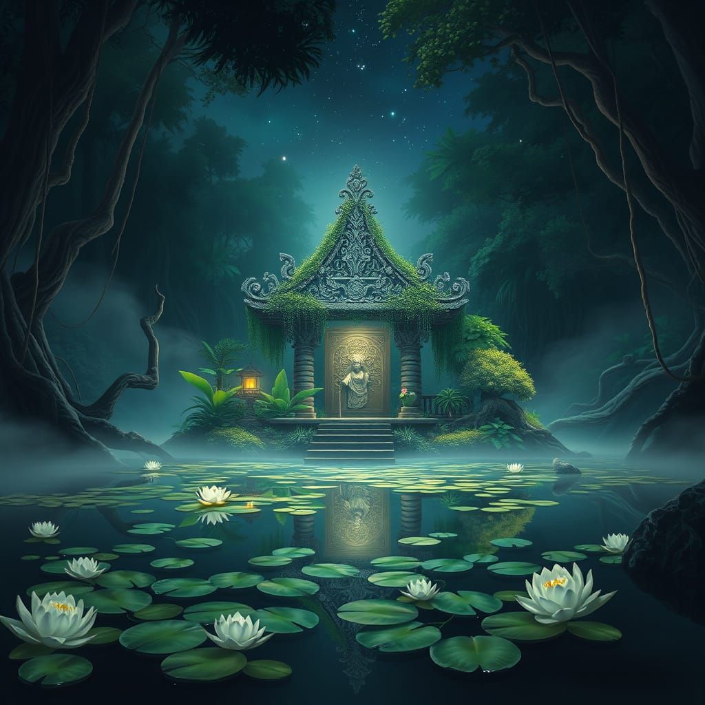 Ethereal Jungle Shrine Illuminated by Starlight