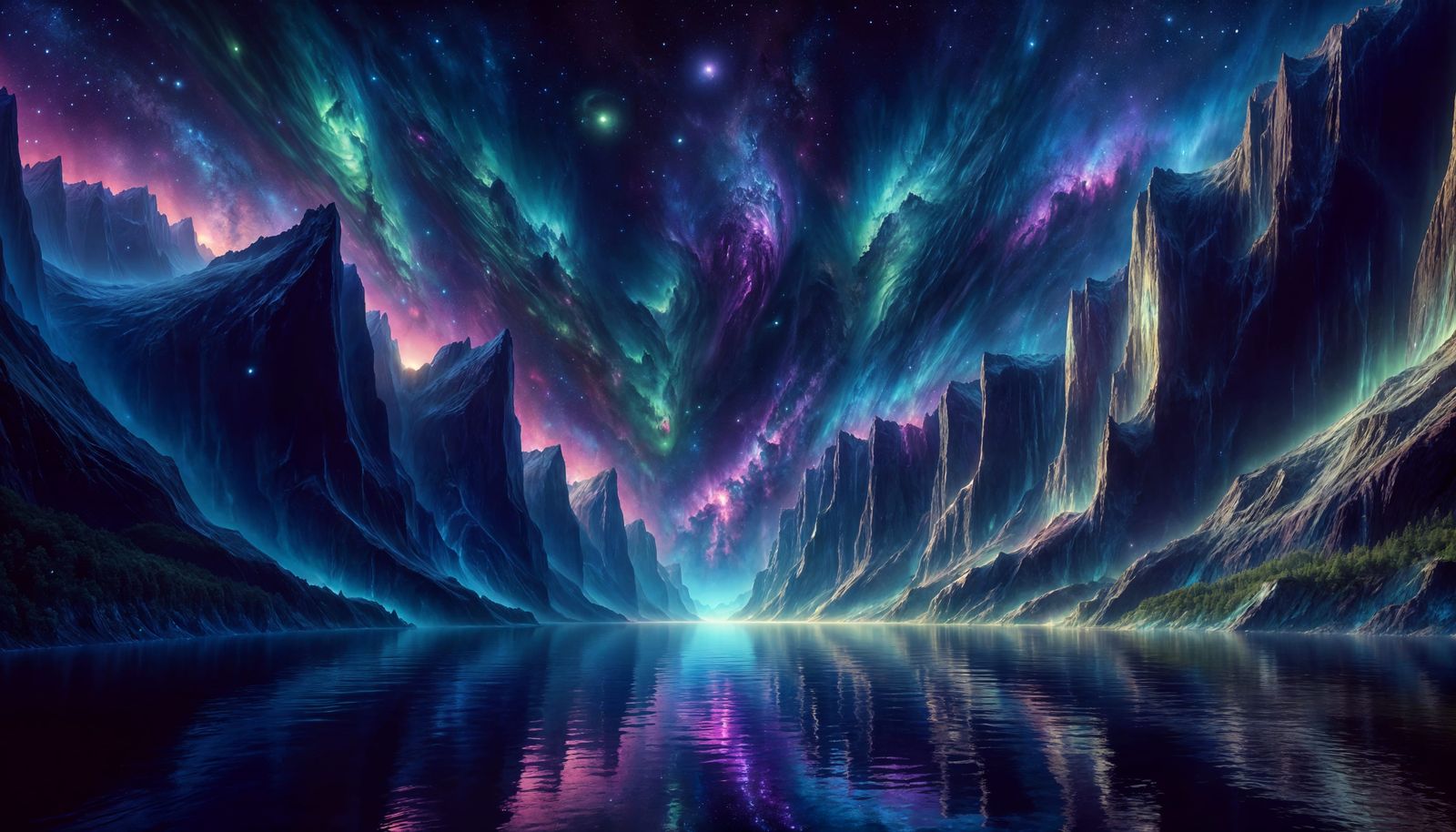 Cosmic Fjord Landscape Under Aurora Skies