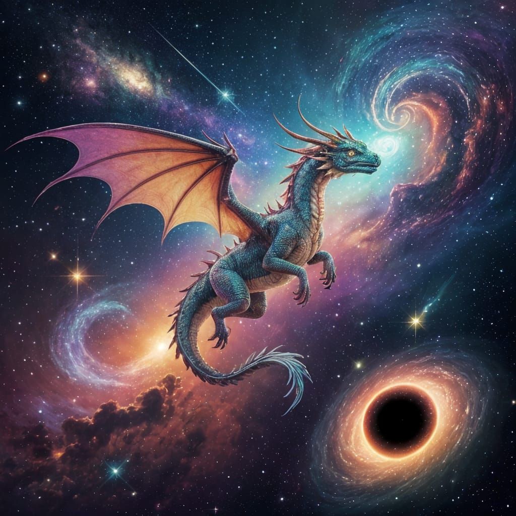 Iridescent Dragon Soaring Through Cosmic Nebula