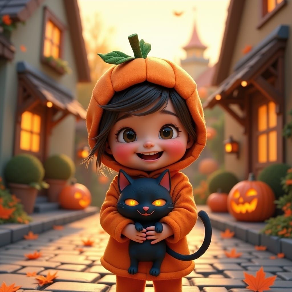 A 3D illustration of a toddler girl trick-or-treating in a q...