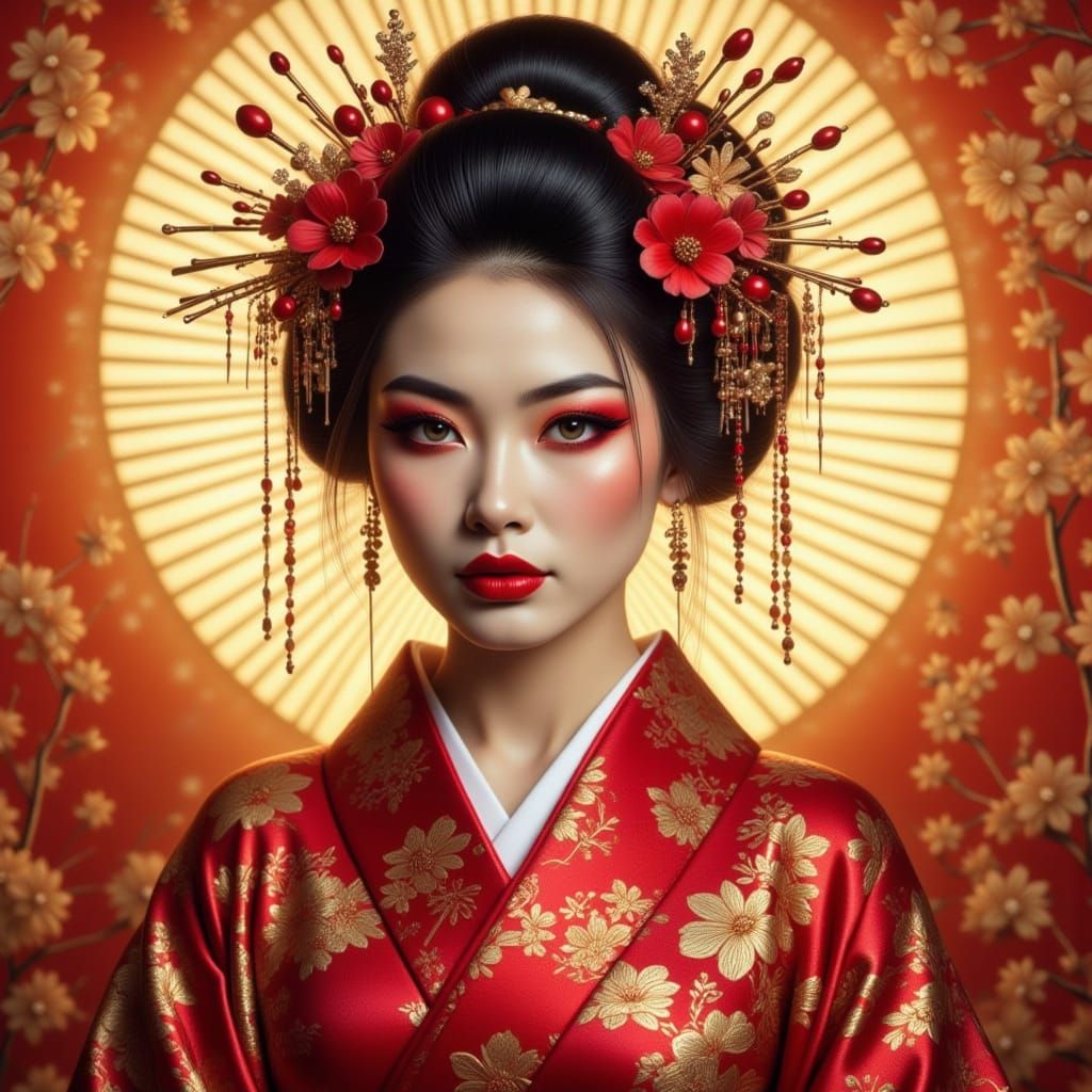 A full-body shot facing the camera of a beautiful Japanese woman dressed in a red kimono with intricate gold embroidery ...
