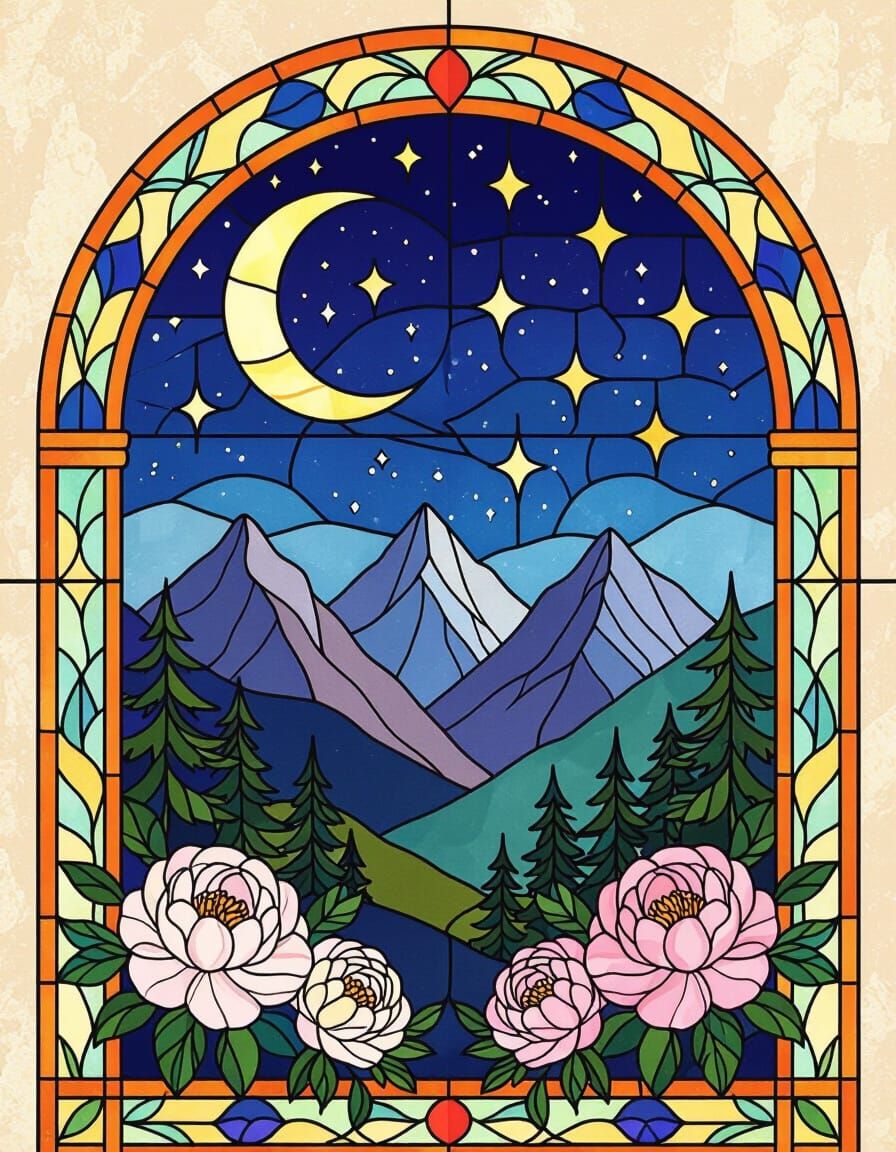 Stained Glass Window: Night Sky, Moon, and Peonies