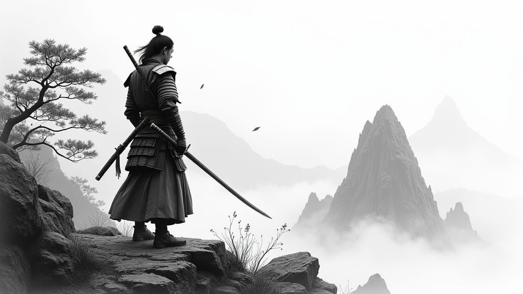 Samurai on Misty Peak in Charcoal Style