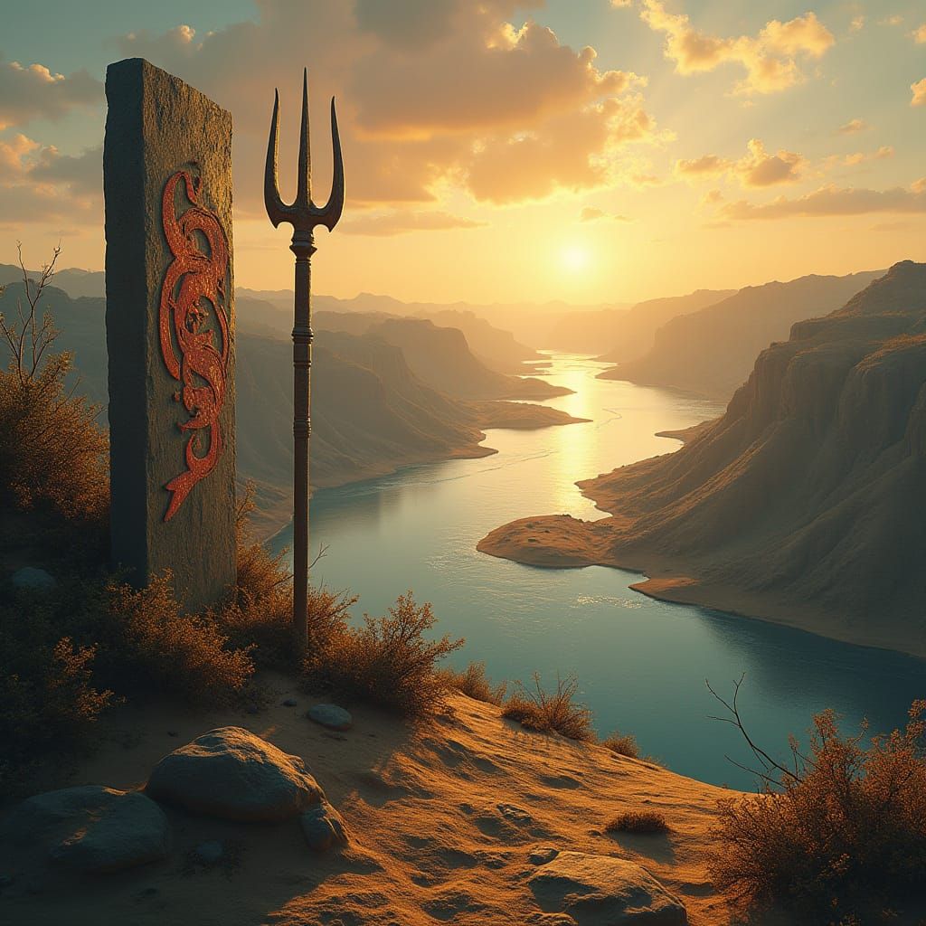 Ethereal Landscape with Ancient Artifacts and Serpentine Riv...