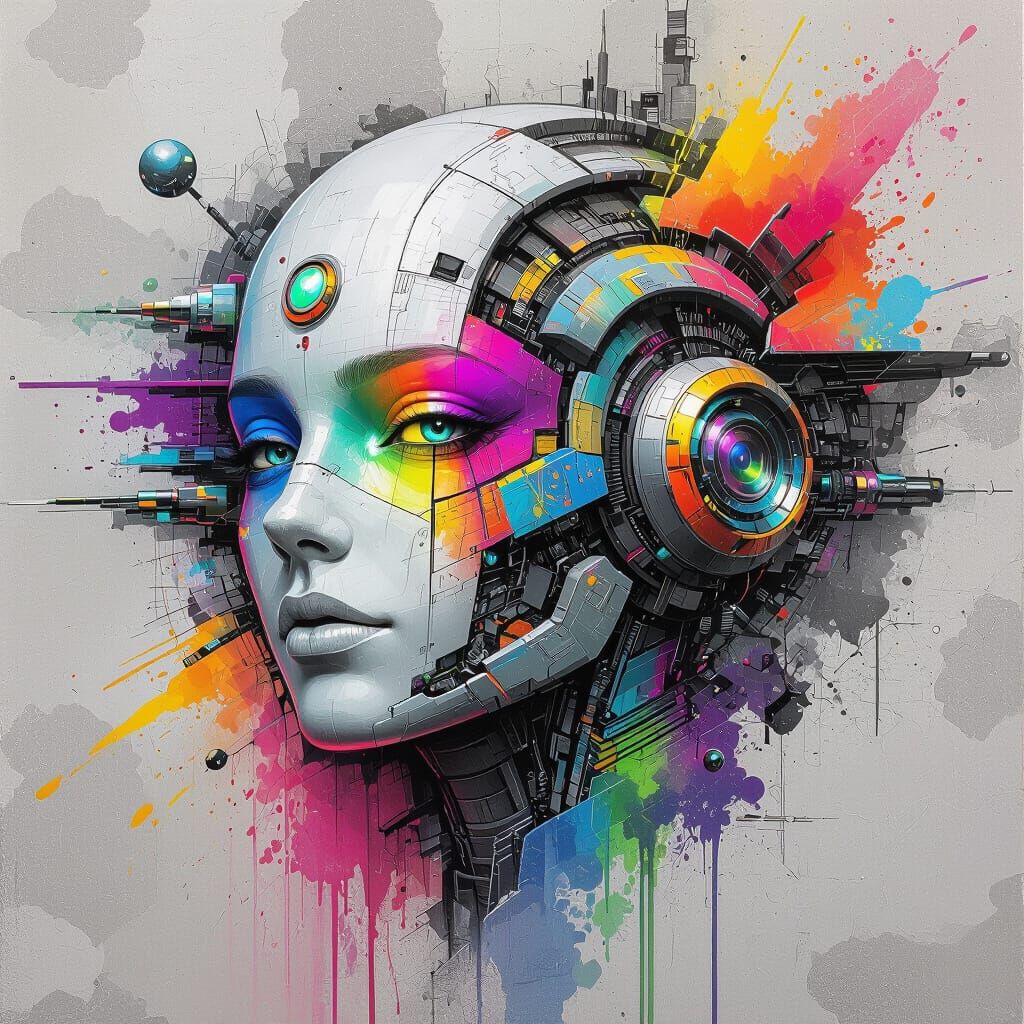 Surreal Rainbow Watercolor Sketch on Grey Canvas