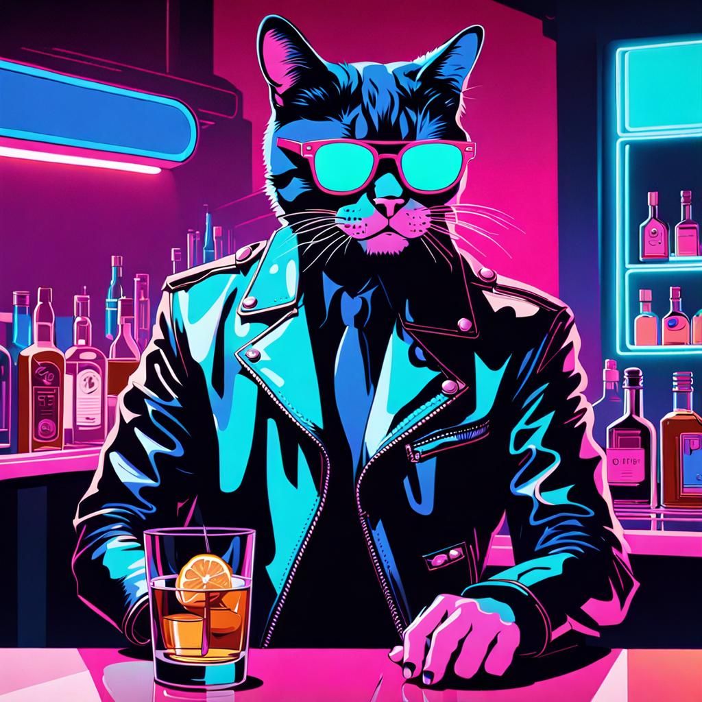 Retro-Futuristic Cat Illustration in Neon Style