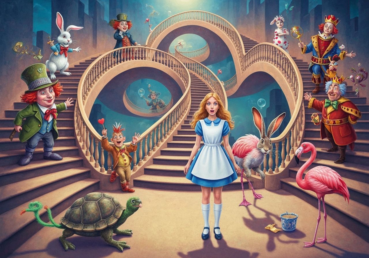 Alice in Wonderland on Escher's Staircase, Surreal Art