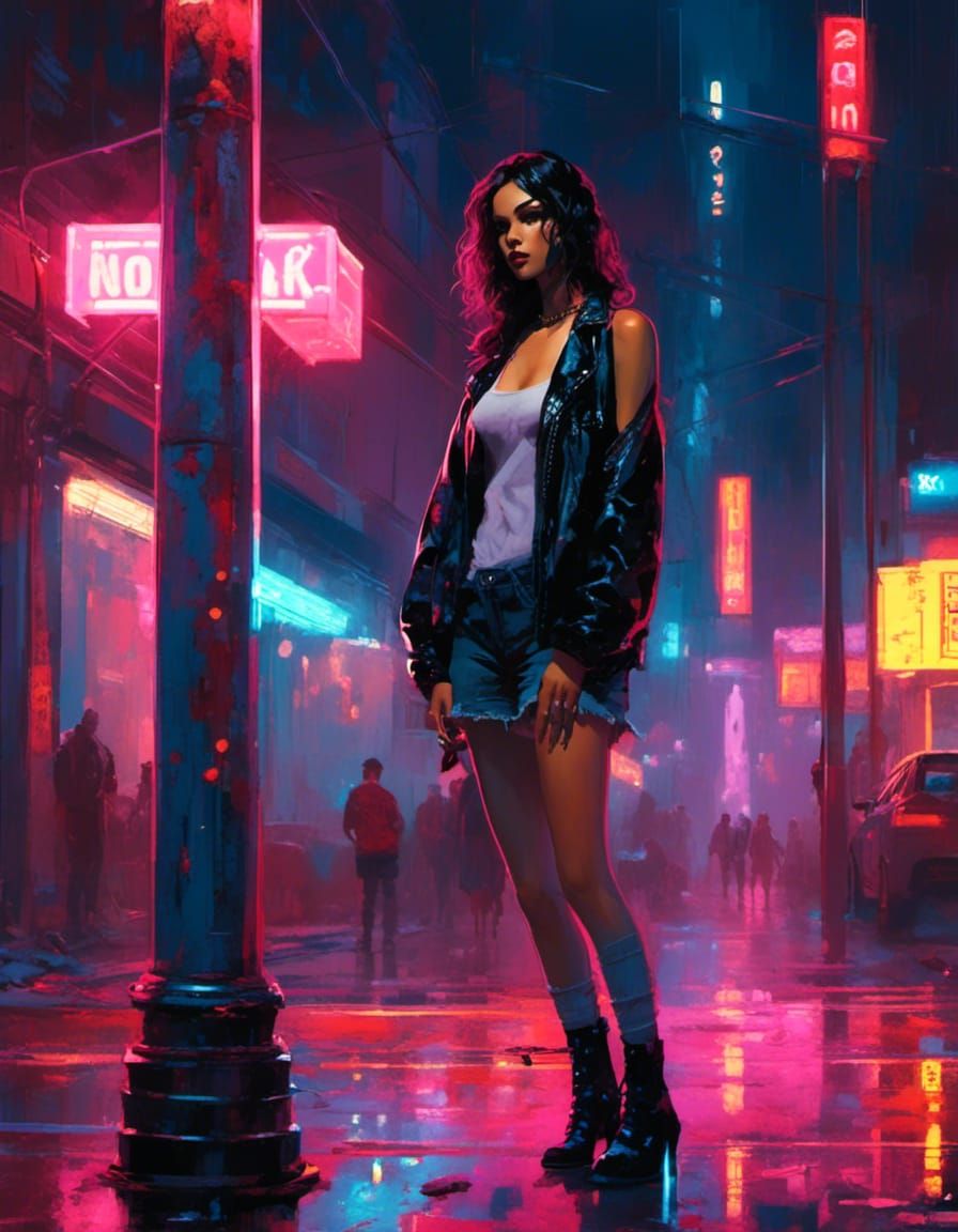 <lora:Character X:1.0> Moody beautiful grunge goddess, standing legs-crossed on a neon-lit night street, under a light p...