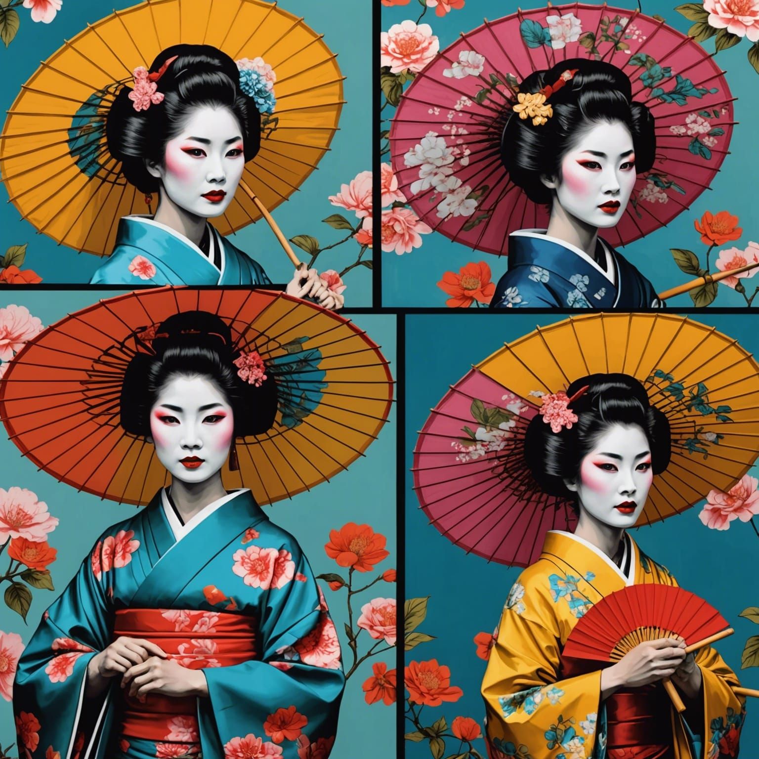 Pop Art Geisha with Floral Parasol in HDR