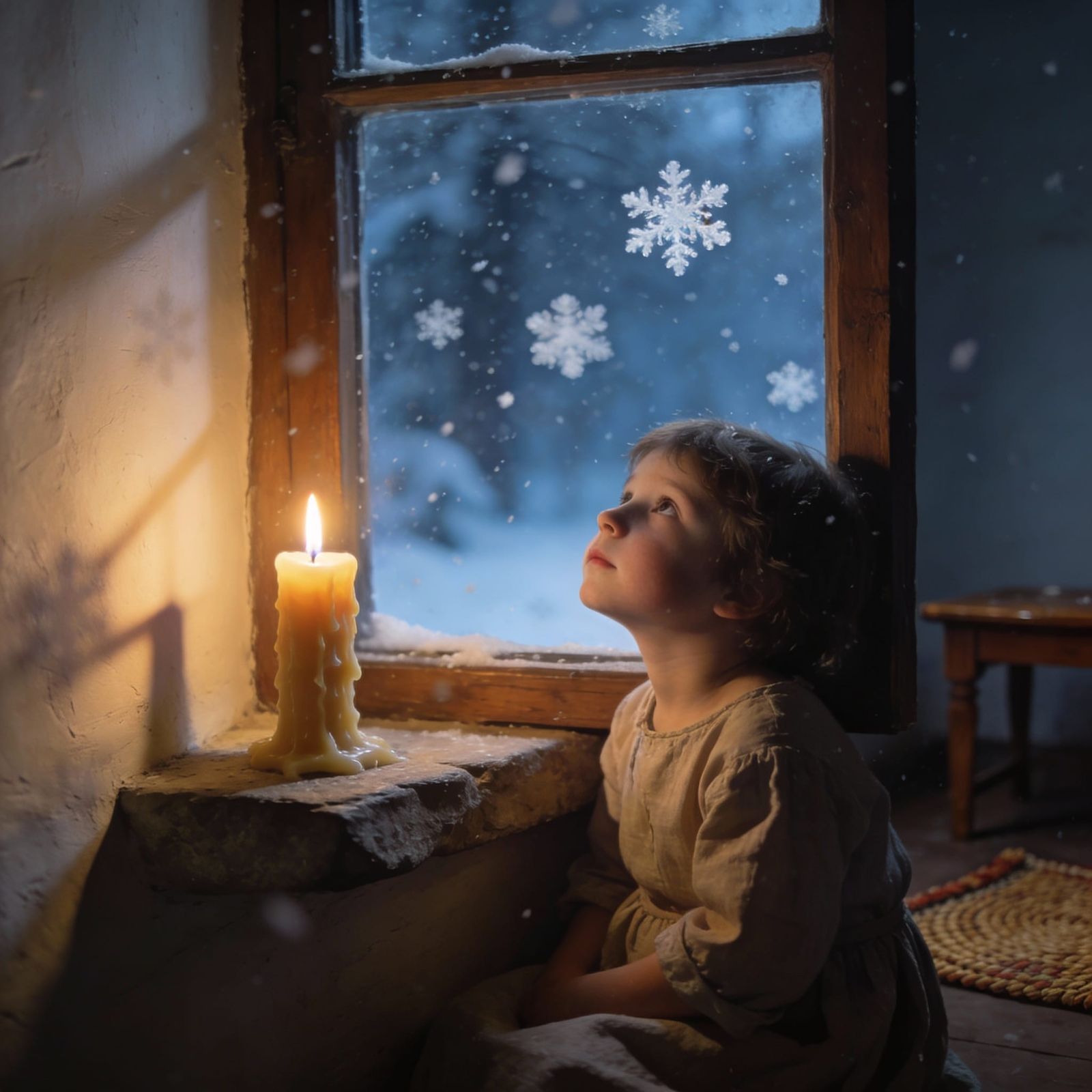 Child Gazes at Snowstorm by Candlelight