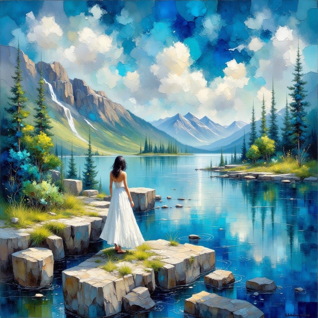 Woman in White Dress by Blue River as Impasto Painting