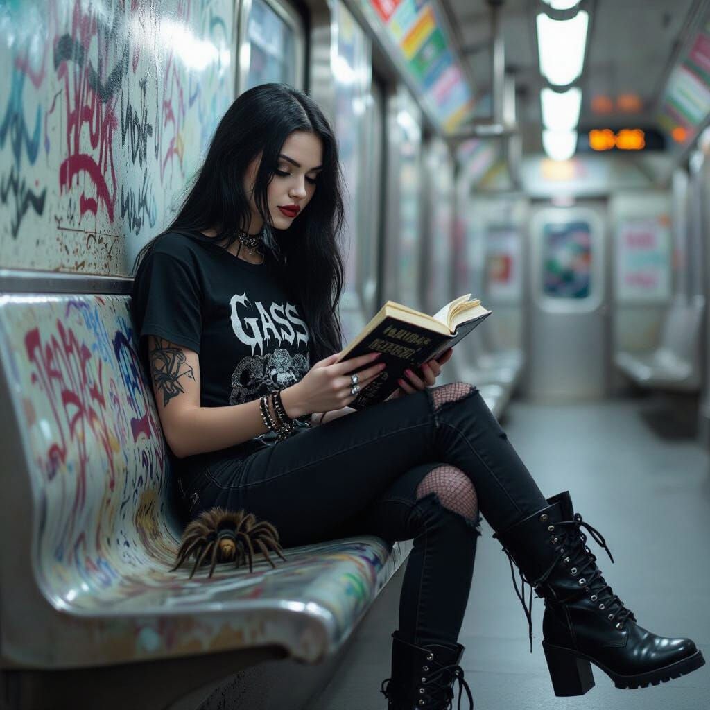 Gothic Woman Reads Necronomicon in Subway