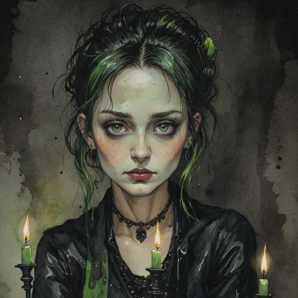 Goth Woman Portrait in Watercolor and Ink