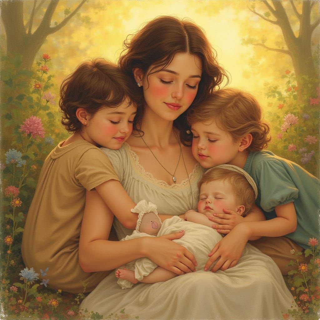 Mother Surrounded by Loved Ones in Whimsical Illustration St...