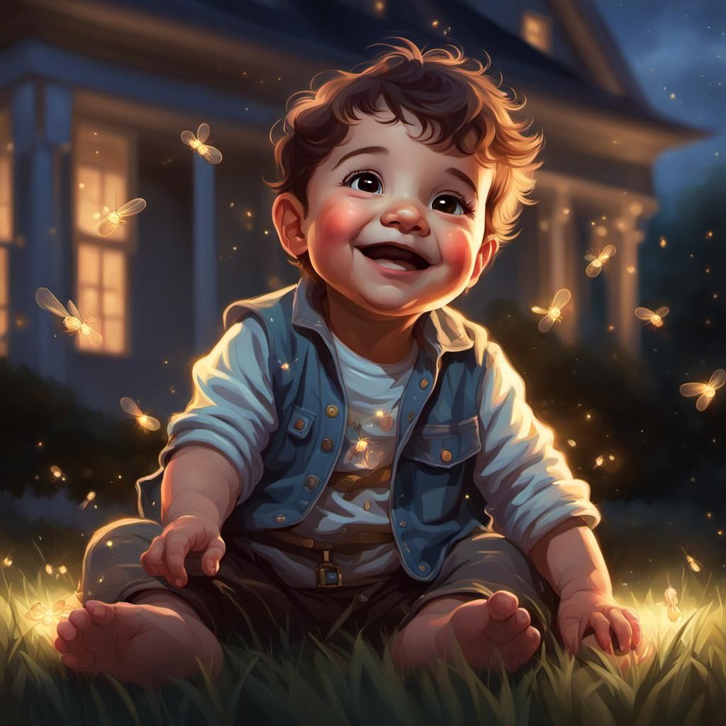 Joyful Boy Reaches for Fireflies: Detailed Portrait