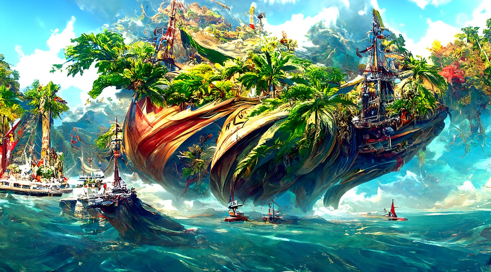 Fantasy Galleon in Tropical Cove, Digital Illustration