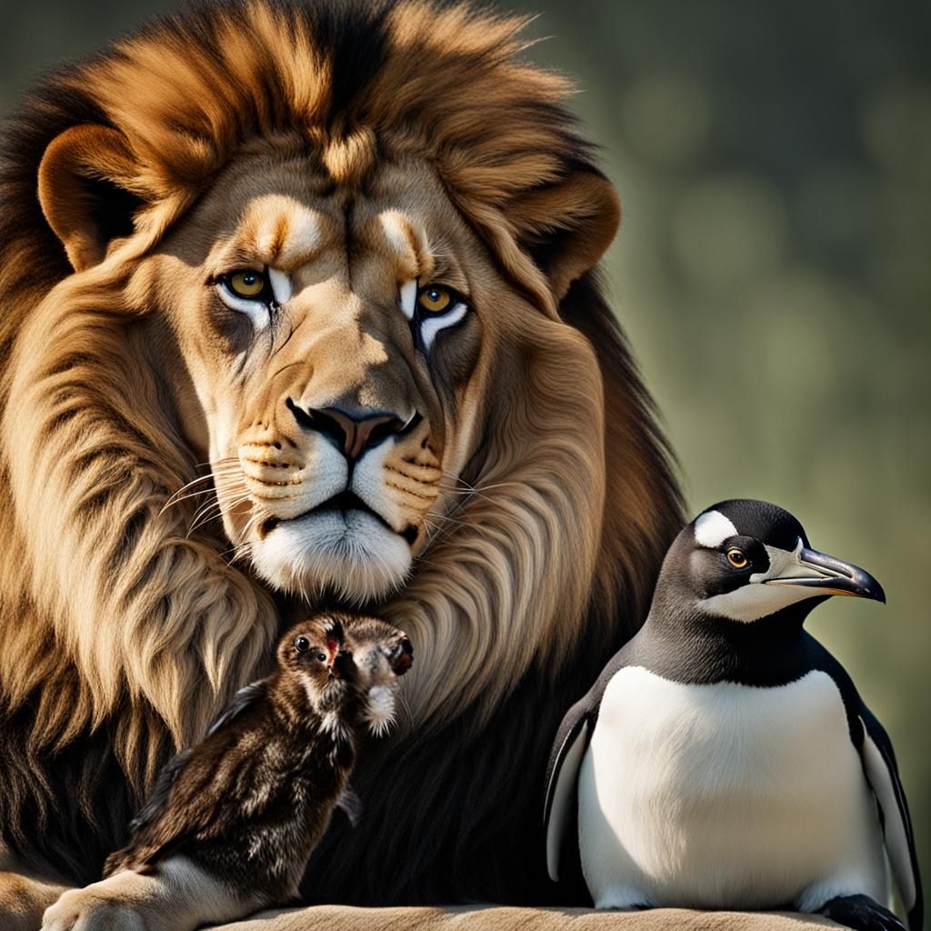 Lion and Penguin Portrait Under Studio Lighting