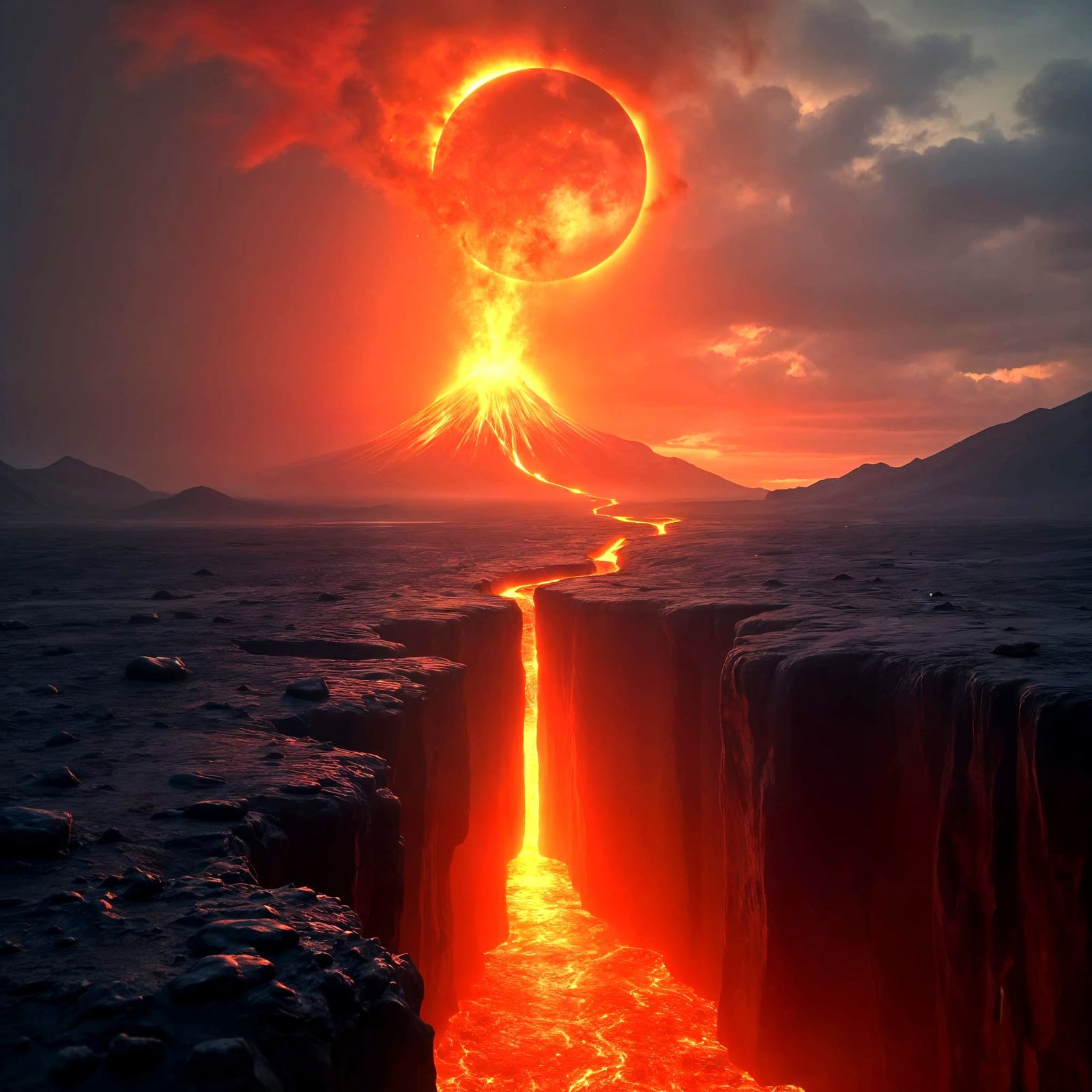 Solar Eclipse Over a Volcanic Barren Moonscape