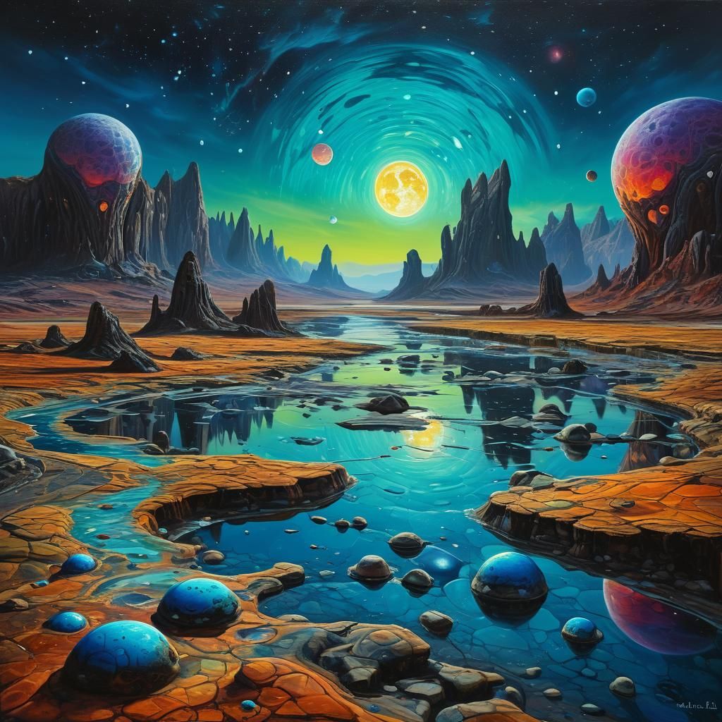 Surreal Alien Landscape with Glowing Rivers