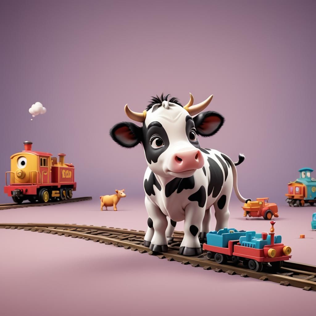 Baby Cow with Train Set: Pixar Style 3D Art