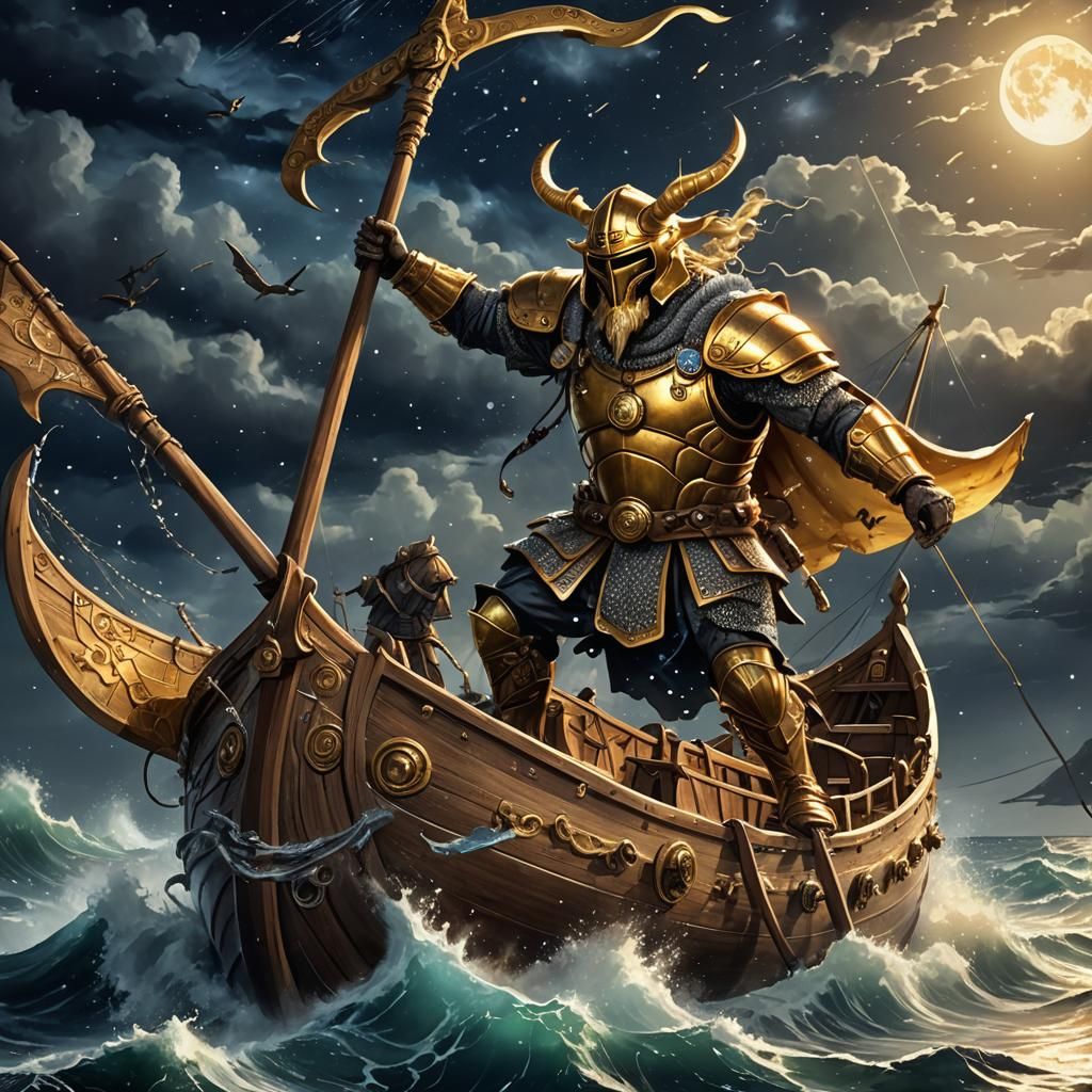 Golden Bee Viking Lands on Drakkar in Anime Style