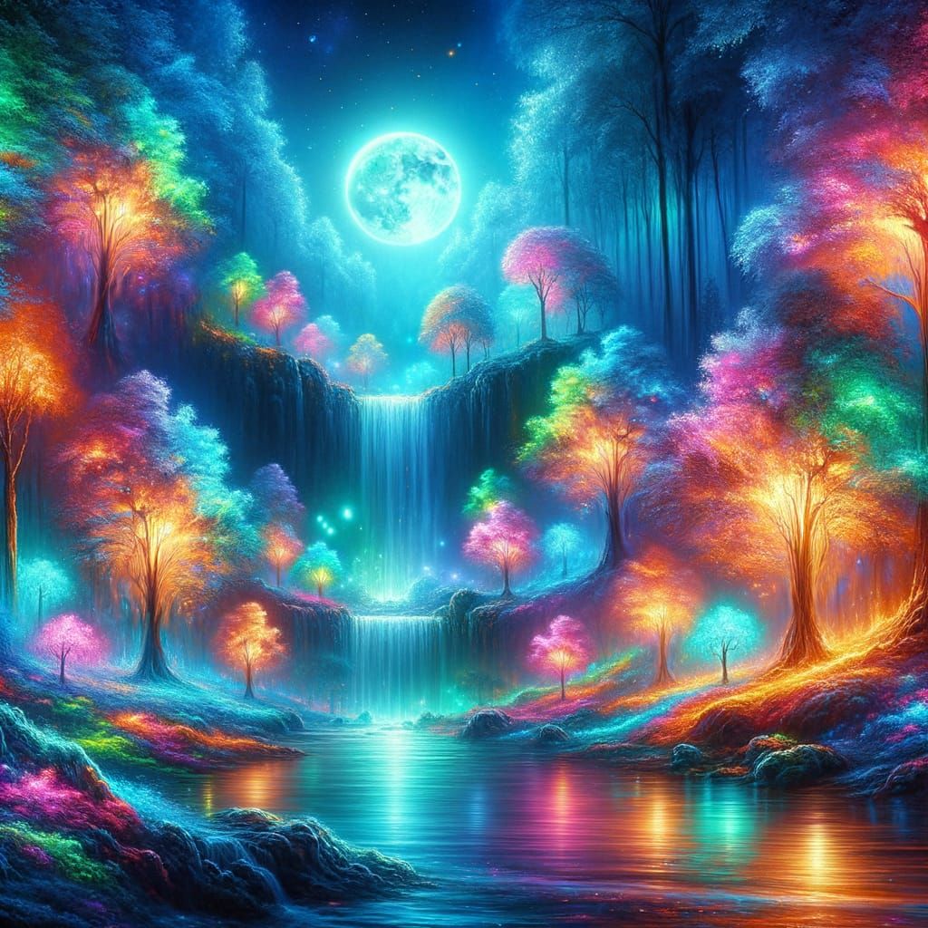 Mystical Landscape with Glowing Trees and Waterfalls