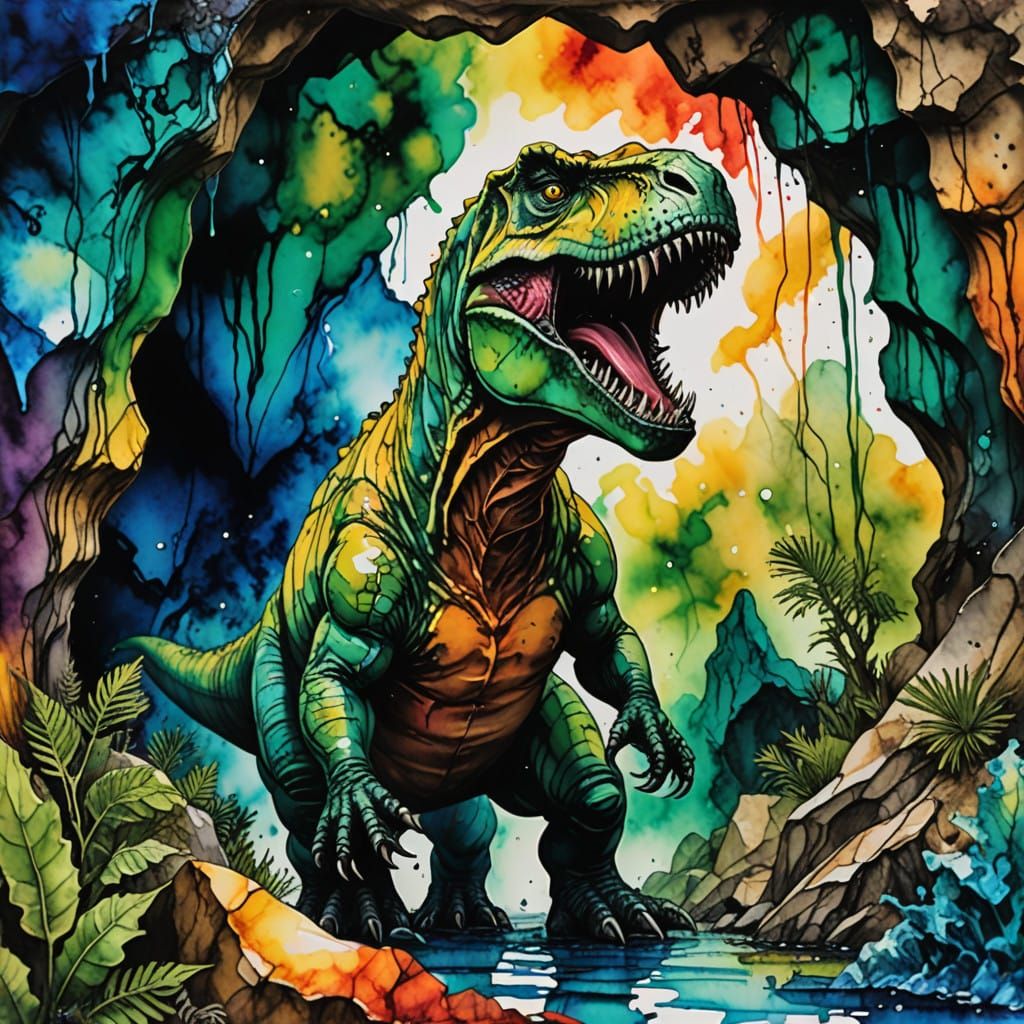 T-Rex Roars into a Cave in Vibrant Alcohol Ink Art