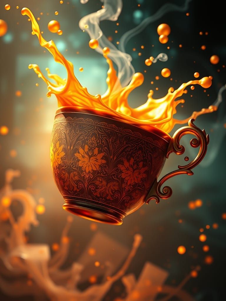 Whimsical Coffee Cup Soars Through the Air in Art Nouveau St...