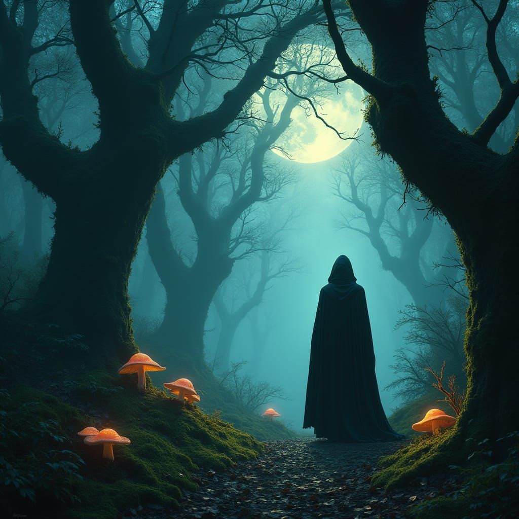 Ethereal Wanderer in Bioluminescent Forest