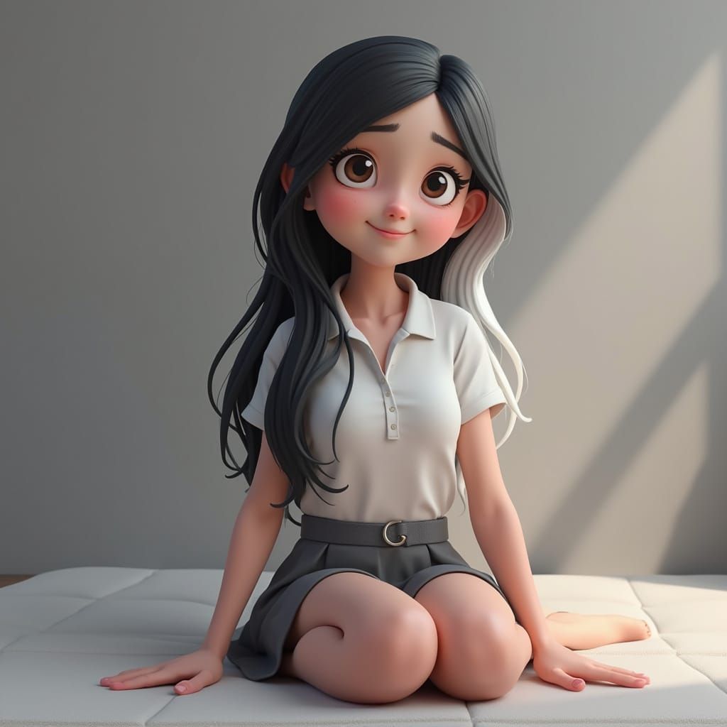 Girl with Two-Toned Hair on Mattress in Grey Room