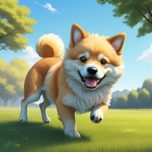 Vibrant Cartoon Dog Runs in a Lush Green Park