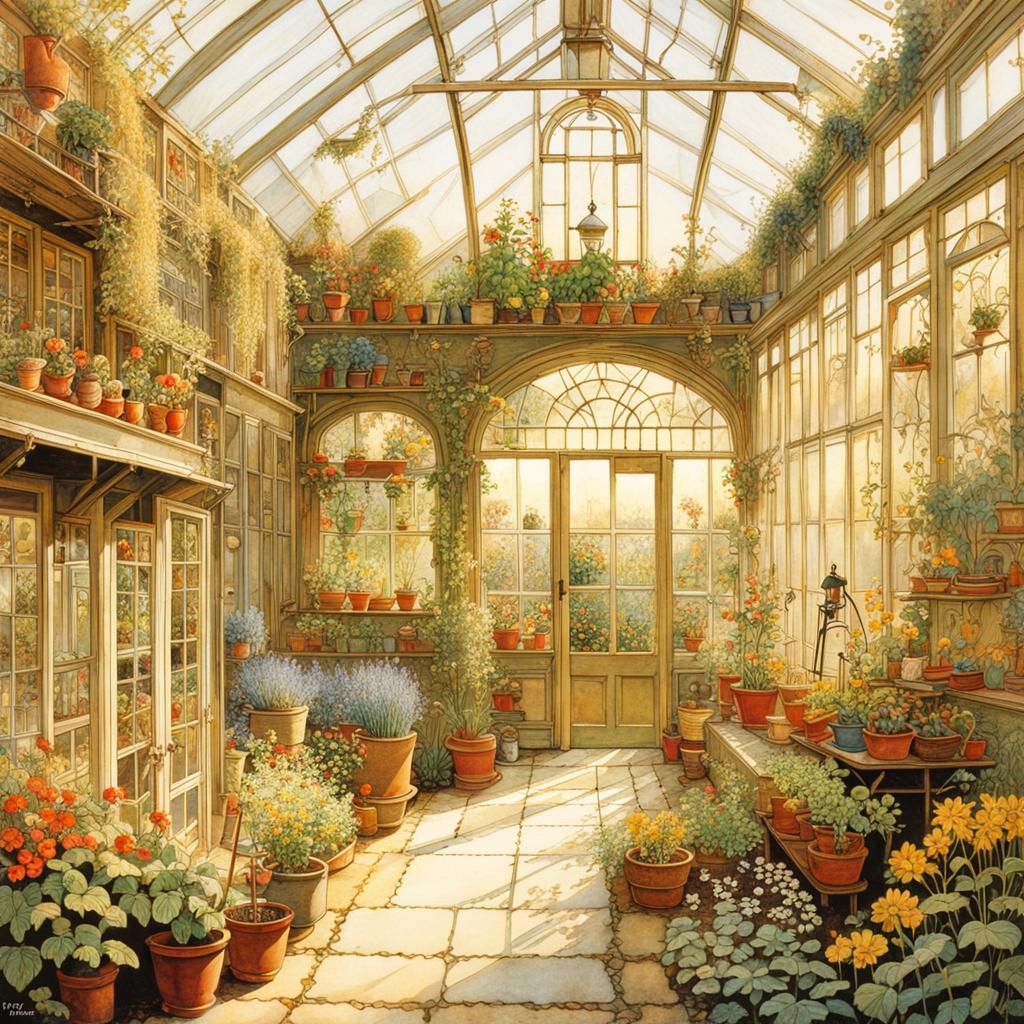 Ornate Greenhouse Scene in Vintage Illustration Style