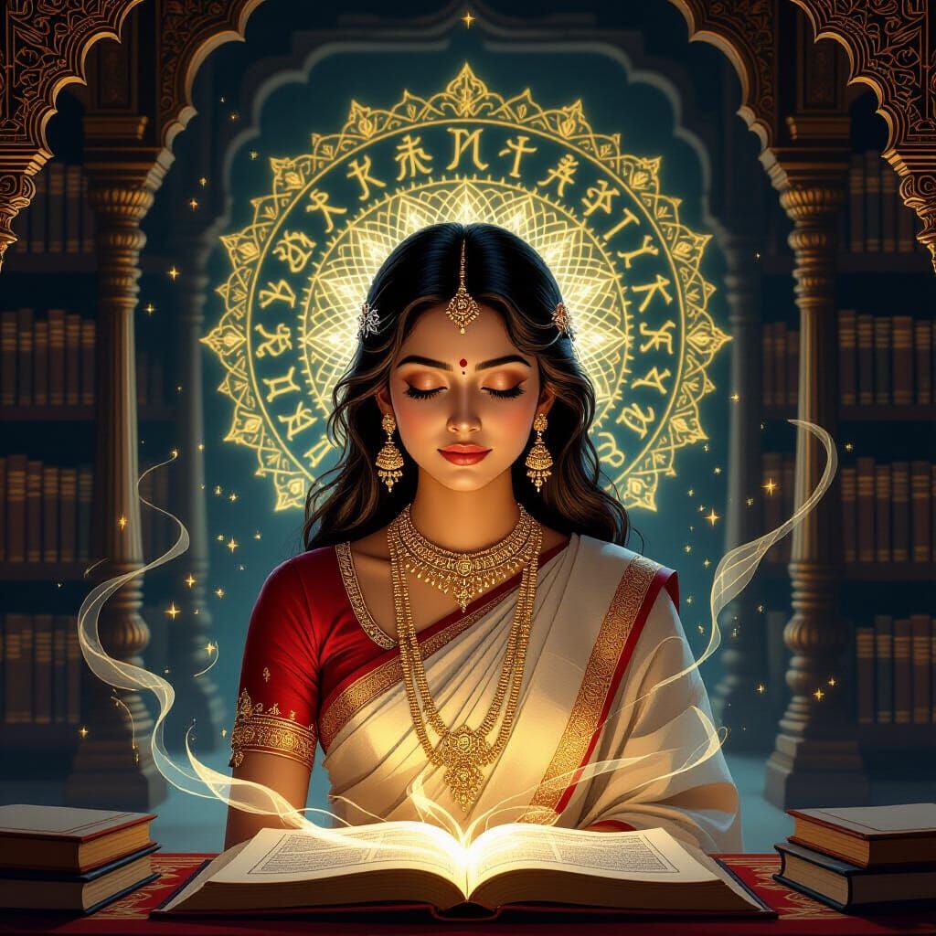 Serene Woman in Ethereal Library with Glowing Runes
