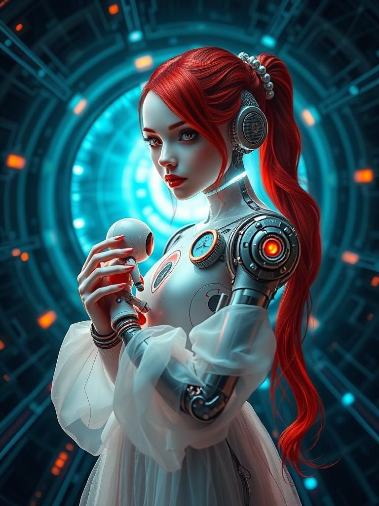 Cyborg Girl with Robot in Faberge-Inspired Biopunk Style