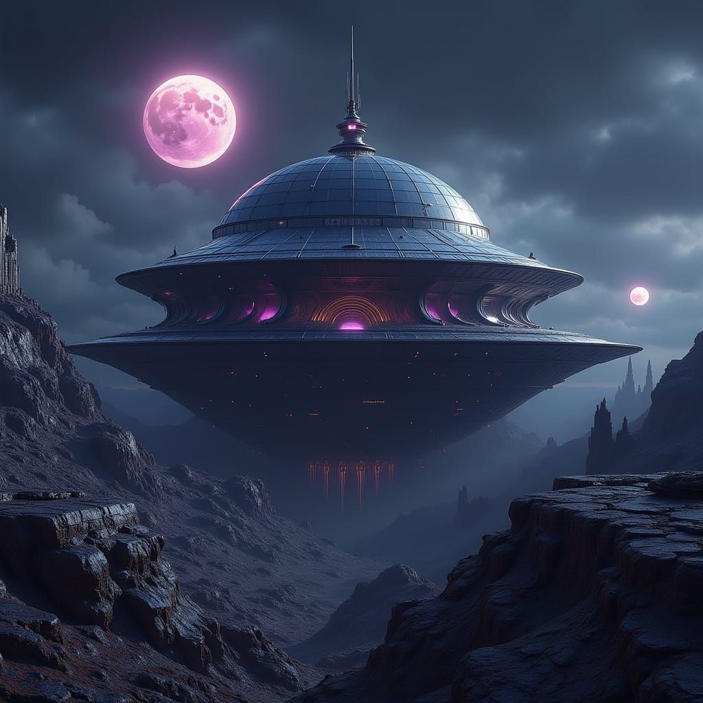 Alien Crater Dome with Spiral Antenna Under Twin Moons