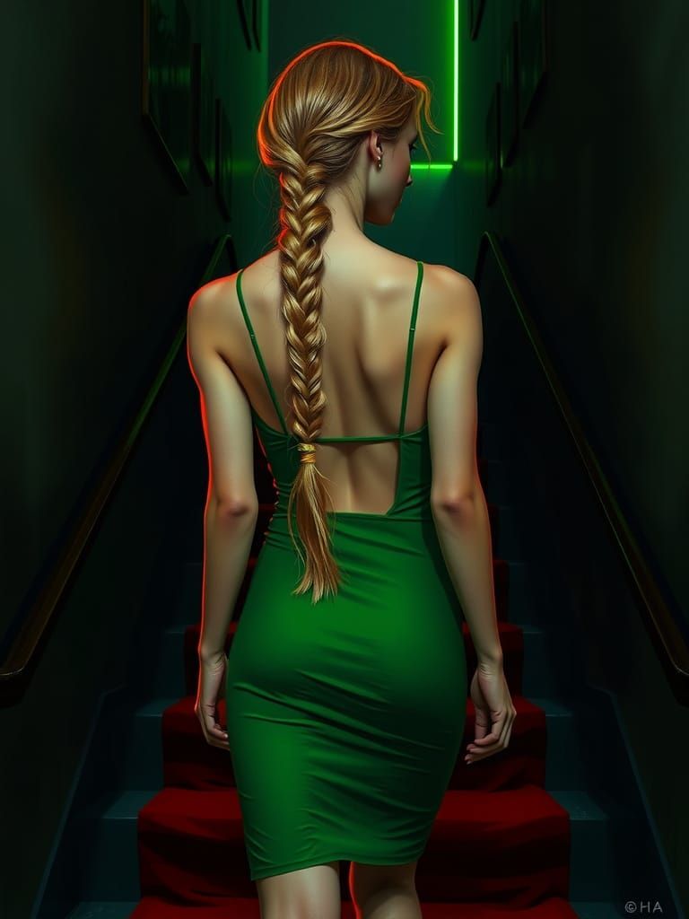 Woman Ascending Staircase in Hyperrealistic Style