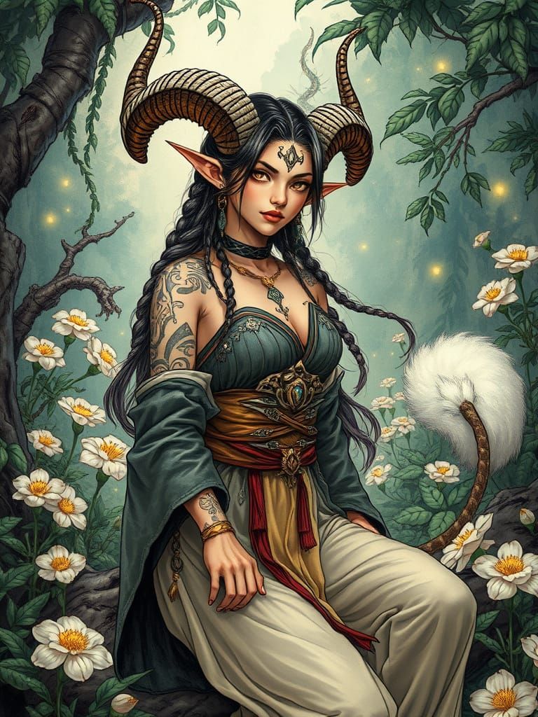 Magical Priestess with Bioluminescent Flowers, Dreamlike Fan...