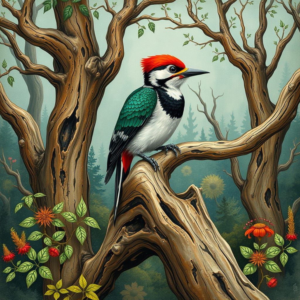 Whimsical Woodpecker in Emerald Forest
