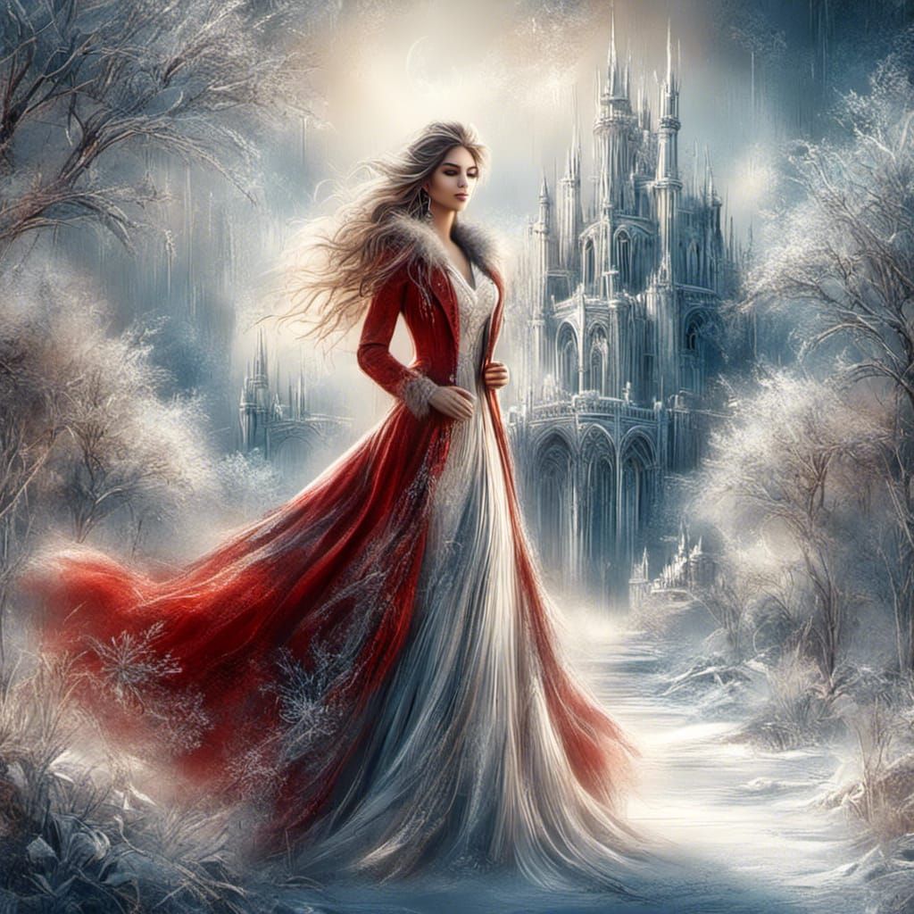 Icy Winter Woman and Stag in a Wonderland