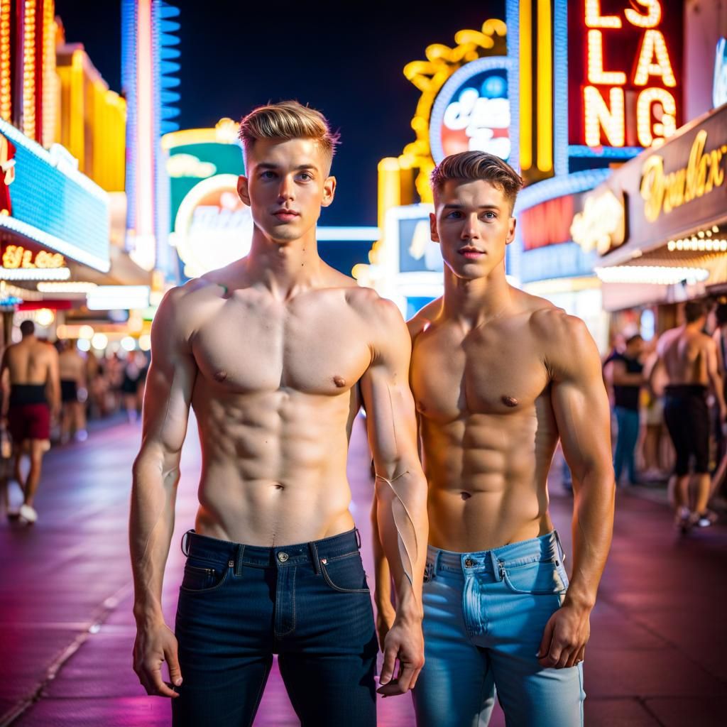 Shirtless Men Posing on Fremont Street, Las Vegas