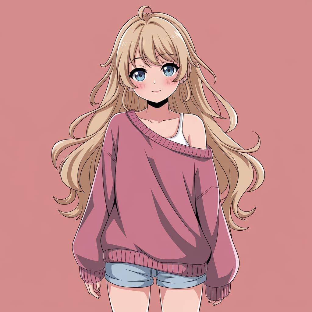 Blonde Anime Girl in Sweater and Shorts
