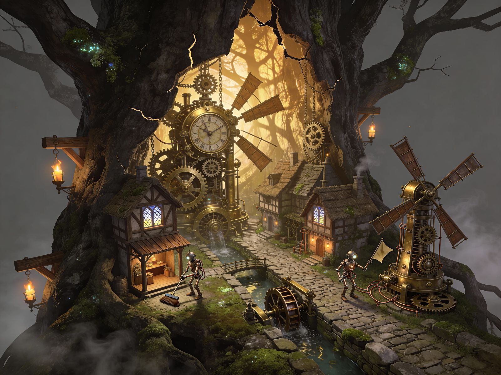 Medieval Clockwork Village Inside Giant Tree